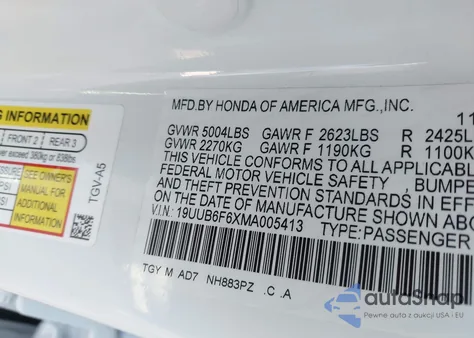 2021 Acura Tlx Advance Package из США, поврежденный, VIN 19UUB6F6XMA005413